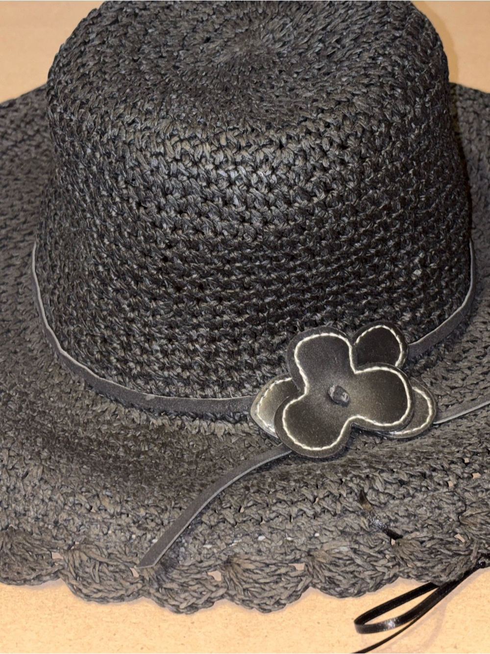 Black Woven Straw Fedora with Flower Accent